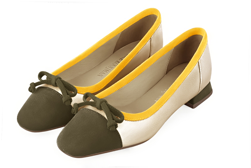 Khaki green, gold and yellow women's ballet pumps, with low heels. Square toe. Flat flare heels. Front view - Florence KOOIJMAN